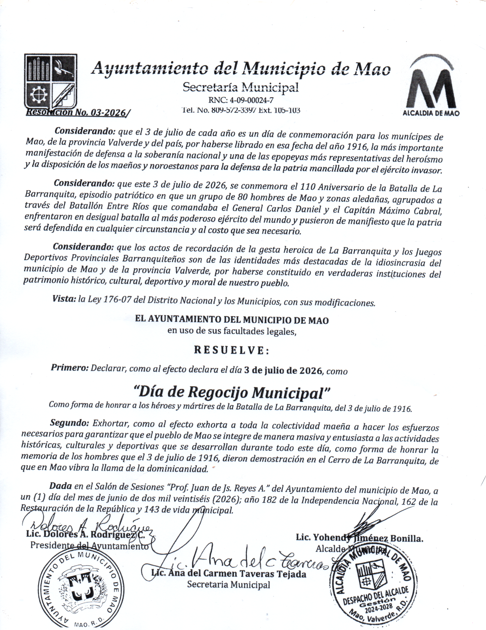 Ayuntamiento de Mao declara Día de Regocijo Municipal este 3 de julio a partir del mediodía
